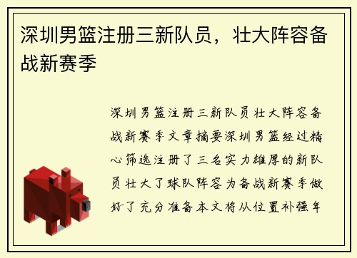 深圳男篮注册三新队员,壮大阵容备战新赛季